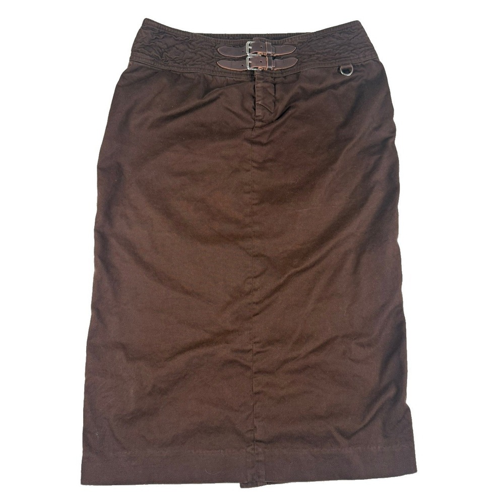 Lauren Ralph Lauren Womens 6 Brown Midi Skirt Double Buckle Stretch Cotton